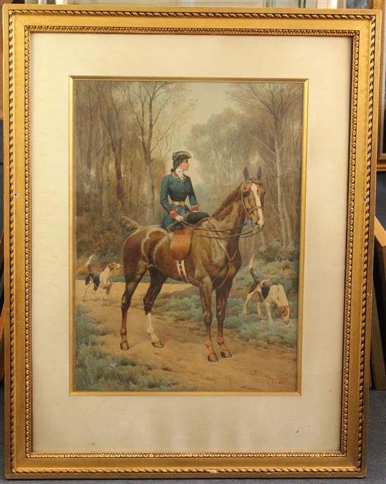 Charles-Fernand de Condamy (1855-1913) Lady equestrian with hunting dogs, 27 x 19.5in.